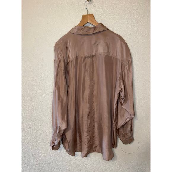 VTG Marnie West 100% Silk Button Up Tan/ Brown Minimalist Blouse Large - Picture 3 of 12
